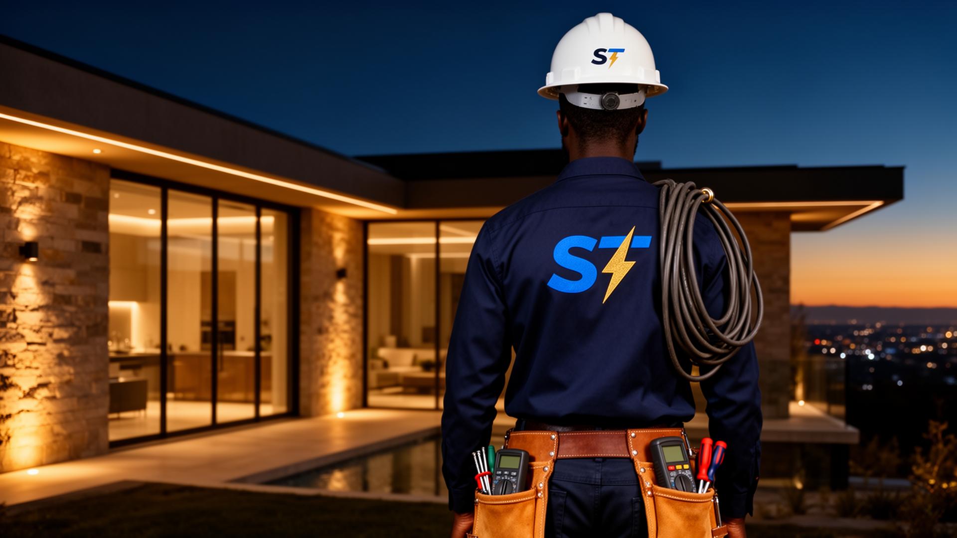 Scelumusa electrical technician at a luxury home at dusk